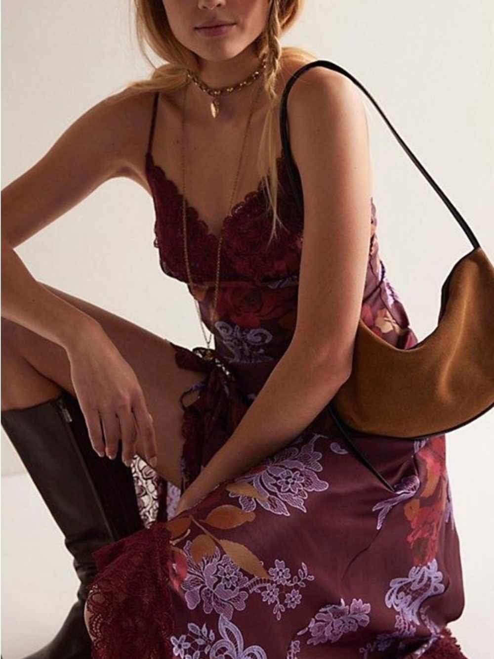 Free People Burgundy Floral Lace Slip Dress